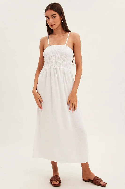 Maxi Dresses in Breezy Fabric -White Maxi Dress With Straps Shirring Linen Blend