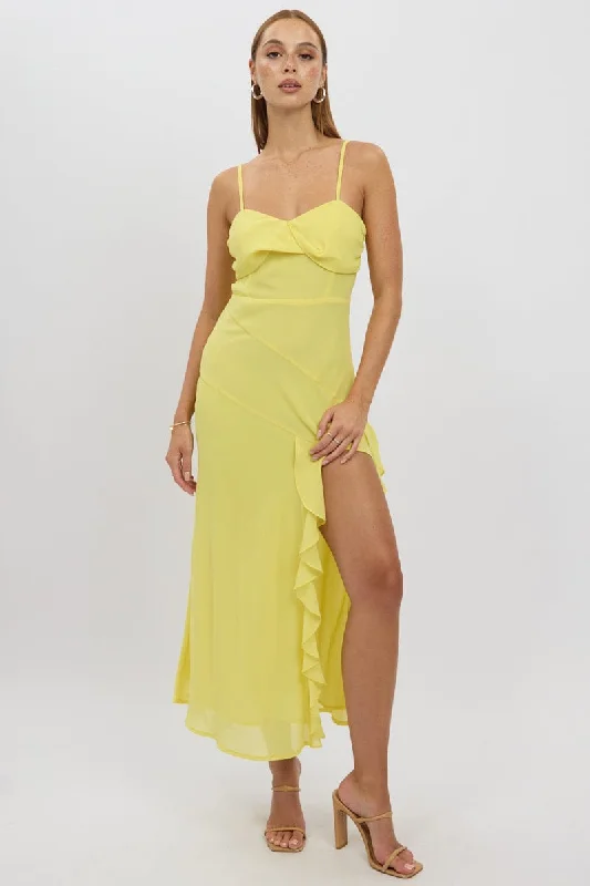 Maxi Dresses with Square Neck -Yellow Bodycon Dress Maxi Ruffle Slit Chiffon