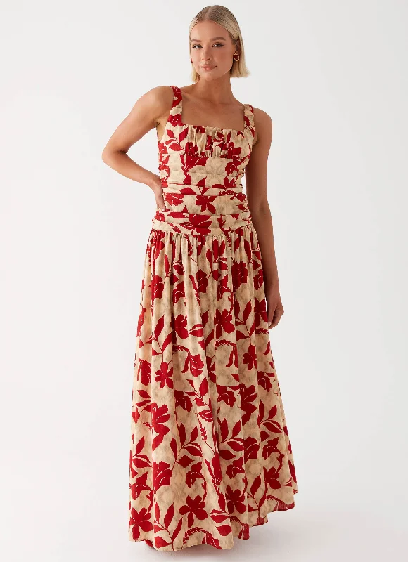 Maxi Dresses in Velvet Fabric -Zinna Linen Maxi Dress - Red